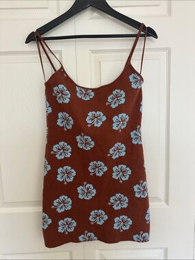 PACSUN Brown Floral Slip Dress with Blue Hibiscus Print